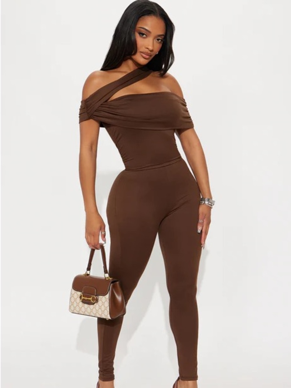 FashionNova Off Shoulder Chocolate Jumpsuit Large